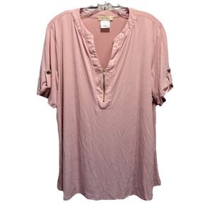 Front Of Closet Pink V zip Front Short Tab Sleeve Zipper Front‎ Blouse Size 2XL